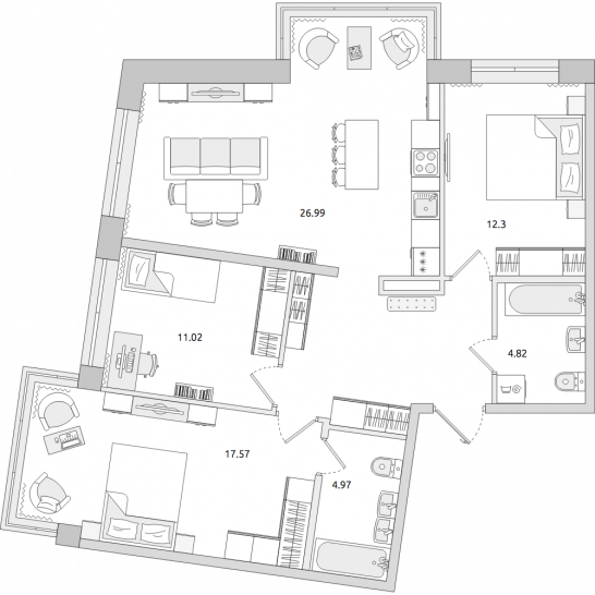 Трёхкомнатная квартира 90 м²