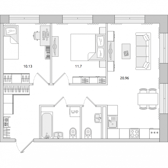 Двухкомнатная квартира 61 м²