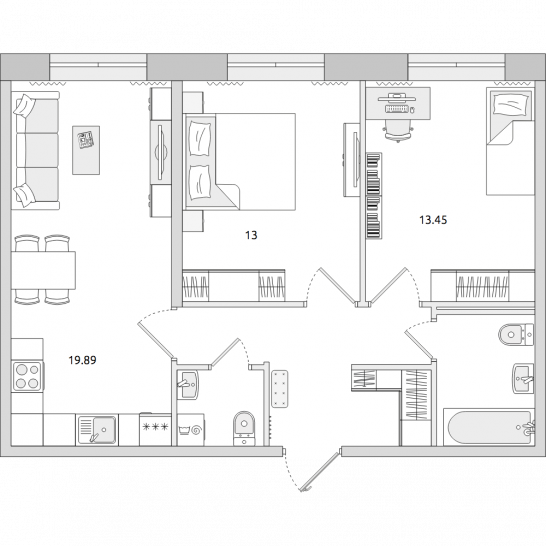 Двухкомнатная квартира 63 м²
