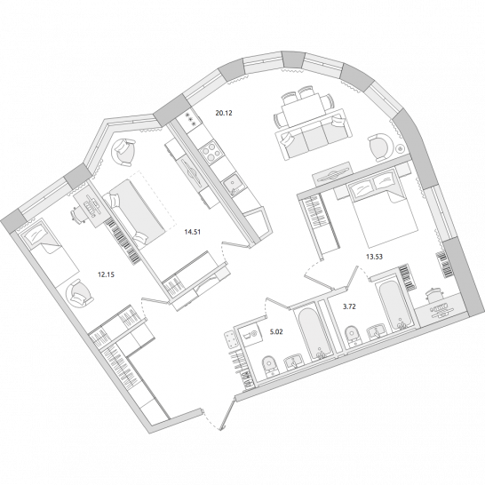 Трёхкомнатная квартира 89 м²