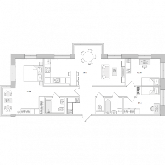 Трёхкомнатная квартира 99 м²