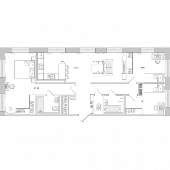 Трёхкомнатная квартира 94 м²