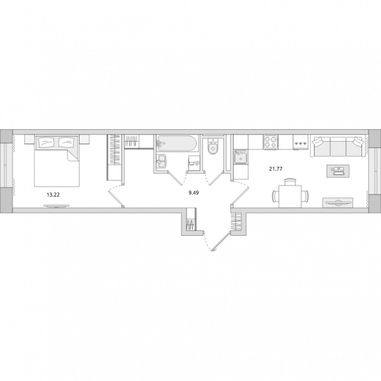 Однокомнатная квартира 48 м²