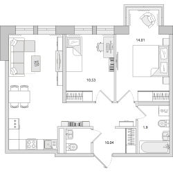 Двухкомнатная квартира 62 м²