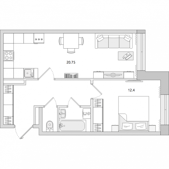Однокомнатная квартира 47 м²